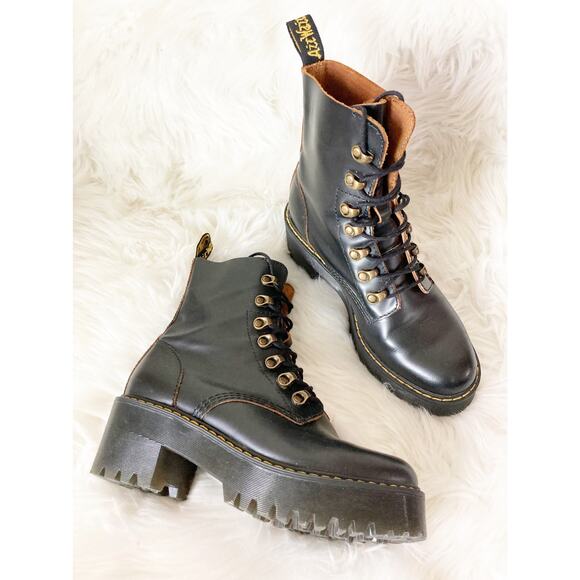 DR MARTENS Leona Heeled Platform Combat Boots Black 7 - Picture 3 of 10